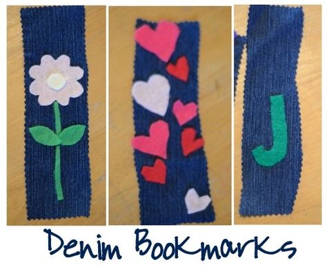 crafts from old jeans | crafts / Homemade denim bookmarks. Use an old pair of jeans to dress ... Denim Bookmarks, Make Bookmarks, Making Bookmarks, Jeans Crafts, Crafts Homemade, Frugal Family, Money Saving Mom, Blue Jeans Crafts, Crafts From Recycled Materials