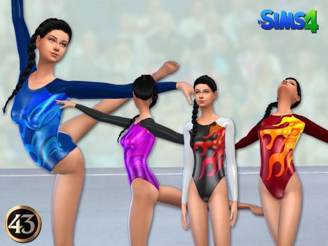 Performance gymnastics leotard, shiny, high waist, flame pattern. Four swatches: Blue, Red, Purple/Black, Black/White Found in TSR Category 'Sims 4 Female Athletic' Sims 4 Cc Gymnastics Clothes, Sims 4 Gymnastic Cc, Leotard Sims 4 Cc, Sims 4 Gymnastics Cc, Sims 4 Cc Dance Clothes, Sims 4 Leotard, Sims 4 Gymnastics, Sims School, Sims Royal