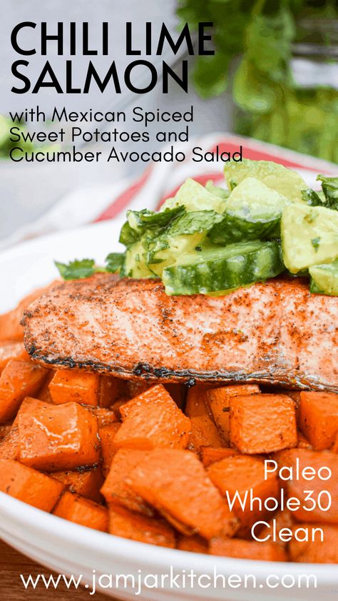 Cucumber And Avocado Salad, Spiced Sweet Potatoes, Chili Lime Salmon, Sea Food Salad Recipes, Salmon And Sweet Potato, Cucumber Avocado Salad, Salmon Spices, Lime Salmon, Cucumber Avocado