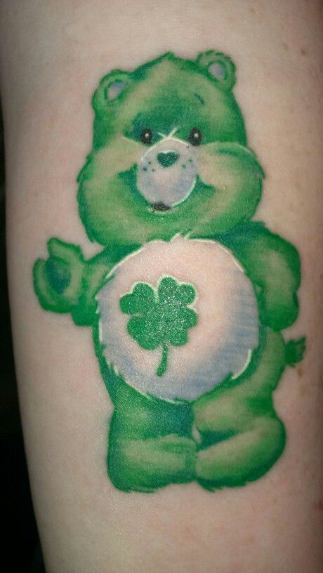 #carebears #goodluck #luckbear Green Care Bear Tattoo, Good Luck Bear Tattoo, Care Bear Tattoo Ideas, Good Luck Care Bear, Care Bear Tattoo, Bears Tattoo, Good Luck Bear, Care Bear Tattoos, Girl Shoulder Tattoos