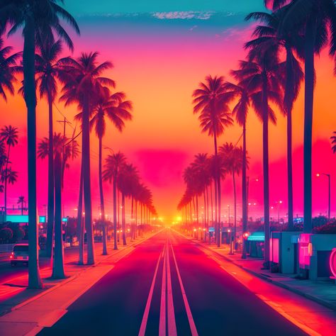 🌴🌊🌇 Explore the endless street leading into the vast ocean, lined with a palm avenue. The sunset casts a warm glow over the scene, while a neon city in retro style shines in the distance. Immerse yourself in the atmosphere and appreciate the great depth of this captivating view. Neon Sunset, Neon Backgrounds, Sunset City, Neon Design, Retro Waves, Neon Wallpaper, City Aesthetic, Classic Hollywood, The Past