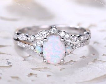 Fire Opal Engagement Ring Vintage Opal Diamond Ring Rose Gold - Etsy Canada Dainty Engagement Ring Set, Opal Diamond Engagement Ring, Opal Wedding Ring Set, White Opal Engagement Ring, Wedding Ring Sets Vintage, Opal Engagement Ring Set, Opal Ring Vintage, Rose Gold Opal Ring, Dainty Engagement Rings