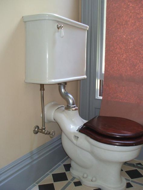 Gorgeous wall mount open couple toilet 1920 Bathroom, Antique Faucet, Vintage Toilet, Vintage Houses, Small Toilet Room, Closet And Bathroom, Leaky Faucet, Bathroom Drain, Plumbing Problems