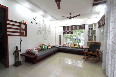 Bhartiya Baithak Living Rooms, Low Height Seating, Bhartiya Baithak, Offices Designs, Indian Seating, Indian Sofa, Indian House Exterior, Indian House Exterior Design, Interior Cabin