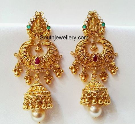 chandbali jhumkas Gold Bridal Jewellery, Temple Jewellery Earrings, Indian Jewelry Earrings, Black Beads Mangalsutra Design, New Gold Jewellery Designs, Gold Earrings Models, Gold Jewellry, Gold Jewelry Simple Necklace, Beautiful Gold Necklaces