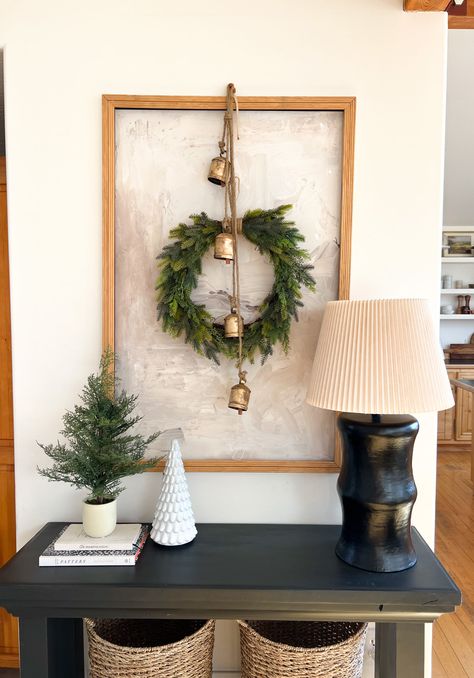 Frame Christmas Decor, Framed Christmas Decor, Tv Console Christmas Decorating, Built In Christmas Decor, Holiday Entry Table Decor, Modern Christmas Table, Christmas Decor Ideas For Entry Table, Front Entry Table Christmas Decor, Christmas Decor Shelf