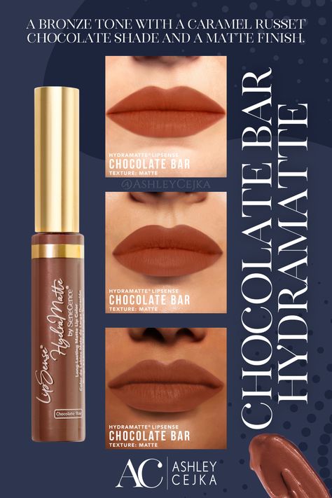 Get ready to satisfy your lip cravings with our Chocolate Bar Limited Edition HydraMatte LipSense! This one-step lip color is a delicious blend of bronze tones and caramel russet chocolate shades, giving you a gorgeous matte finish. It's not just a lipstick, it's a long-lasting love affair with your lips! Our HydraMatte LipSense is waterproof, transfer-proof, and lasts up to 6 hours, all while keeping your lips moisturized. Say goodbye to constant touch-ups and hello to effortless beauty. Rosé Pout, Hydramatte Lipsense, Senegence Makeup, Long Lasting Lip Color, Hydrating Lipstick, Lipsense Colors, Effortless Beauty, Lips Shades, Matte Lip Color