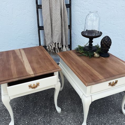 ✨AVAILABLE✨ 2 Solid Cherry Wood, Queen Ann, Side Tables with one Drawer each. This wood grain is absolutely stunning, with a painted base in Alabaster, dovetail drawers and original hardware updated in antique gold. Sealed in a matte finish that adds a classic warmth to any Coastal, Shabby Chic, French Country or Farmhouse design. Dimensions: 27” w 22”l 22”h DM for pricing. Delivery & Shipping available. Antique White Furniture Diy, Queen Anne Coffee Table Makeover, End Table Refurbish, Antique Table Makeover, Refurbished Side Table, Victorian Coffee Table, Upcycled Side Table, Side Table Redo, Redo End Tables