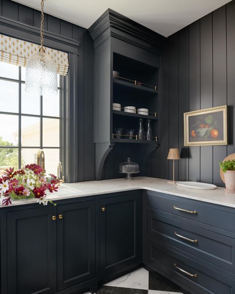 A charming butler’s pantry: dark, moody and full of all the cooking essentials. Best part is keeping the mess out of the main kitchen 🖤 📸: @laceyalexander_interiors • • • • • #interiors #interiordesign #kitchen #butlerspantry #moodyinteriors #customhomes #elambertdesign Dark Pantry Walls, Iron Ore Pantry, Black Butlers Pantry, Moody Pantry, Butler Kitchen, Navy Kitchen Cabinets, Painted Pantry, Moody Kitchen, Main Kitchen