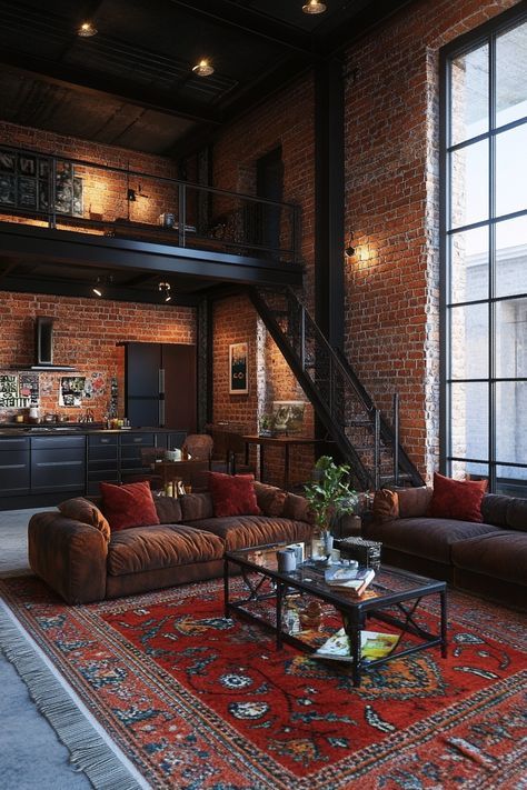 Brick And Black Interior, Modern Cozy Home Interior Design, Dark Rustic Home Aesthetic, Rustic New York Apartment, Home Decor Industrial Modern, Black Loft Apartment, Home Decor Dark Aesthetic, Dark Wood Apartment Aesthetic, Industrial Vintage Living Room