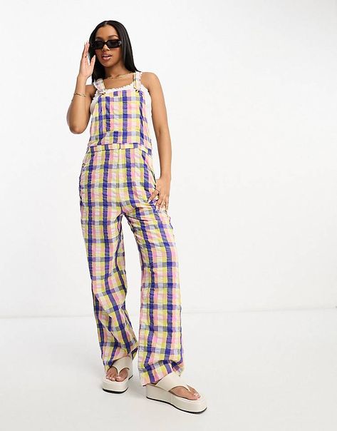 Monki seersucker dungarees in patchwork check | ASOS Dungarees Street Style, Unique Overalls, Fun Overalls, Fruity Aesthetic, Gingham Overalls, Overalls Design, Holiday Dress Outfit, Dress Rental, Skirt Co Ord