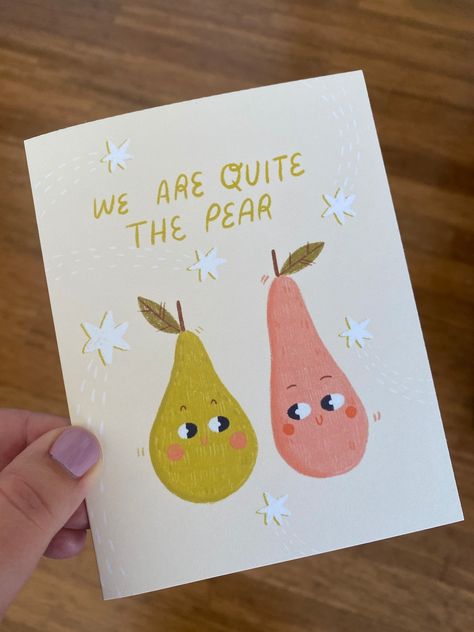 "We are Quite the Pear" Punny Card ------ Do you love puns? Pears? Well then this card is for you! Perfect for Valentine's Day, Anniversary (the 4th Anniversary is fruit!), or just because! Need something faster? Check out my digital cards here: https://tinyurl.com/bittersweet-digital ------ Details: * Card is 4.25” x 5.5” (A2 size) * Comes with a white A2 envelope * Card is blank inside for you to write your own message * Designed and illustrated by me! Card Ideas Anniversary, Diy Happy Anniversary Cards, Cards For Anniversary, Anniversary Card Homemade, Simple Anniversary Card, Homemade Anniversary Cards For Him, Anniversary Cards Diy, 1 Year Anniversary Card Ideas For Him, Anniversary Cards For Grandparents