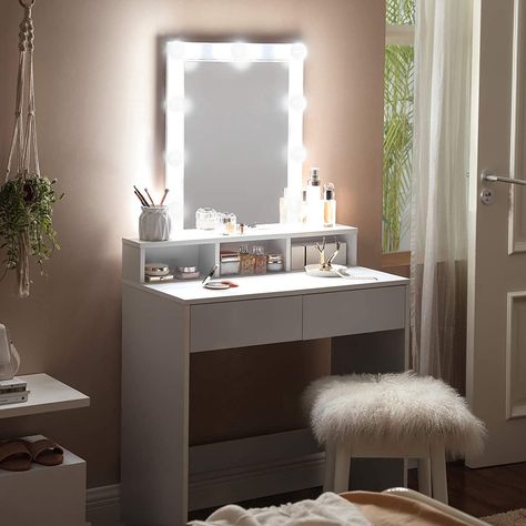 Dressing Table With Mirror And Lights, Vanity Table With Lights, Lights Around Mirror, Makeup Dressing Table, Bedroom Makeup Vanity, Mirrored Vanity Desk, Interior Design Per La Casa, Makeup Desk, Makeup Table Vanity