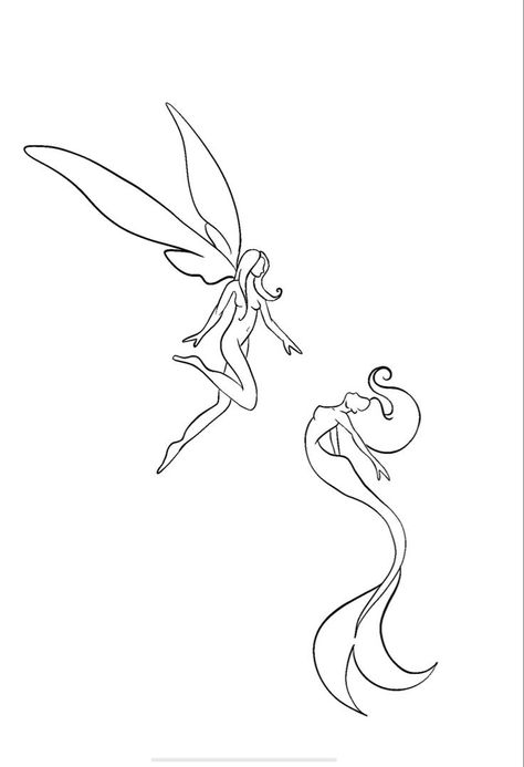 Tattoos Drawings Outlines, Small Tattoos For Back Of Arm, Line Art Matching Tattoos, Fairy And Mermaid Tattoo Simple, Matching Tattoos Fairy, Youre Okay Tattoo, Line Work Fairy Tattoo, Tattoo On Torso For Women, Easy Fairy Tattoo