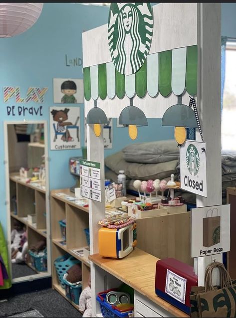 Starbucks Play Center, Starbucks Dramatic Play Coffee Shop, Cardboard Coffee Machine, Starbucks Dramatic Play, Coffee Shop Dramatic Play, Cafe Dramatic Play, Starbucks Project, Starbucks Theme, Grocery Store Dramatic Play