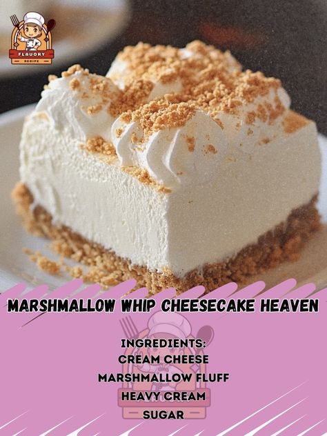 🍰 "Marshmallow Whip Cheesecake HEAVEN—creamy, fluffy, and oh-so-decadent! A dreamy dessert that’s a true delight! 🍰☁️ #Cheesecake #MarshmallowWhip" Marshmallow Whip Cheesecake HEAVEN Ingredients: Cream cheese (2 packages, 8 oz each) Marshmallow fluff (1 cup) Heavy cream (1 cup) Sugar (1/2 cup) Vanilla extract (1 tsp) Graham cracker crumbs (1 1/2 cups) Butter (1/4 cup, melted) Instructions: Mix graham cracker crumbs and melted butter, press into the bottom of a springform pan. Beat cream c... Marshmallow Fluff Cheesecake Recipe, Marshmallow Whip Cheesecake, Marshmallow Fluff Cheesecake, Marshmallow Cheesecake, Graham Cracker Crust Pie, Fluff Desserts, Marshmallow Creme, Daily Recipes, Marshmallow Fluff