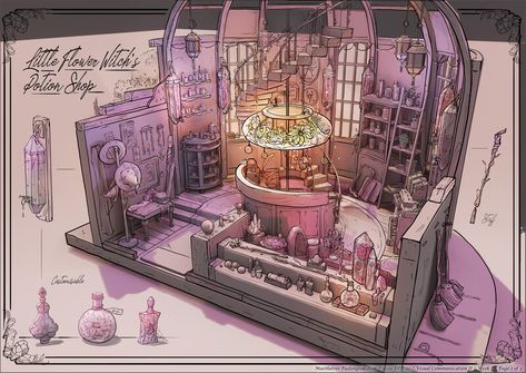 Cutaway Concept Art, Potion Shop, Broom Parking, Interior Concept Art, Witch Illustration, Feng Zhu, Fantasy Architecture, Witch Room, Fantasy Shop