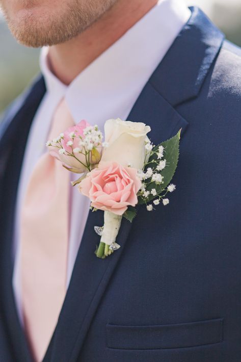 Navy Blue Groom Suit, Blue Groom Suit, Navy Blue Groom, Blue Groom, White Rose Boutonniere, Pink Boutonniere, Blue And Blush Wedding, Vineyard Wedding Venue, Blush Tie