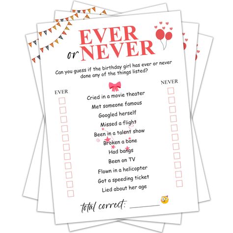 PRICES MAY VARY. 🎁【Package Contents 10pcs Cards】 You will receive a set of women birthday cards, including 10pcs game cards with the theme "Ever or Never". Card size is 15 x 21 cm, with enough space to fill in the answers. The weight is 250g, and the outside is carefully wrapped in plastic film, which is not easy to damage 🥳【Rich Styles of Game Cards】There are 8 forms of our birthday card "Who Knows Best", "Would She Rather", "Ever or Never", "Finish Her Phrase", "Word Scramble", "Scattergorie Best Friend Birthday Games, Women Birthday Cards, Games For Birthday Party, 30th Birthday Games, Barbie Bachelorette, Birthday Party Activity, 30th Birthday Themes, Women Birthday Party, Casino Birthday