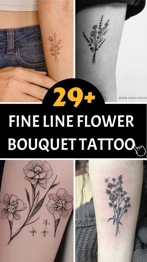 Discover the elegance of a fine line flower bouquet tattoo. The intricate details and delicate shading of this floral artwork will grace your skin, embodying the beauty of nature. Each petal and leaf come together to form a harmonious bouquet, symbolizing growth and the fleeting beauty of life. Carry the enchantment of a flower garden with you always. Little Flower Bouquet Tattoo, Birth Flower Bouquet Tattoo Placement, Bouquet Tattoo Placement, Flower Bouquet Tattoo Placement, Fine Line Flower Tattoos, Wrist Flower Tattoo, Fine Line Flower Bouquet, Line Flower Bouquet, Fine Line Flower Bouquet Tattoo