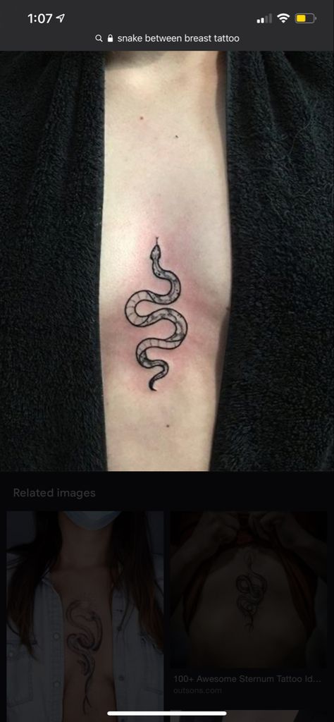 Snake Tattoos On Chest Women, In Between Chest Tattoo Female Snake, Snake Tattoo On Sternum, Serpent Collar Bone Tattoo, Snake Tattoo Between Breast, Snake Tat On Collar Bone, Snake Between Breast Tattoo, Snake Sternum Tattoo, Inbetween Breast Tattoo