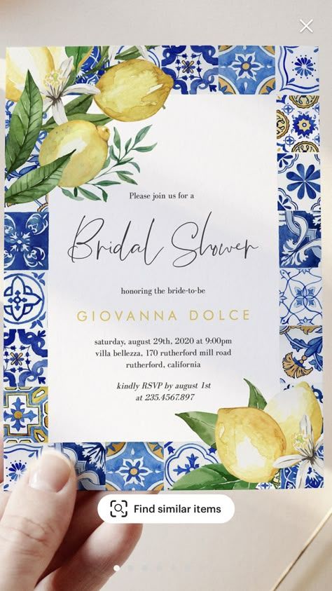 Mediterranean Birthday, Italian Bridal Showers, Lemon Themed Bridal Shower, Hens Party Invitations, Bridal Shower Inspo, Bridal Brunch Invitations, 21 Diner, Summer Bridal Showers, Mediterranean Summer