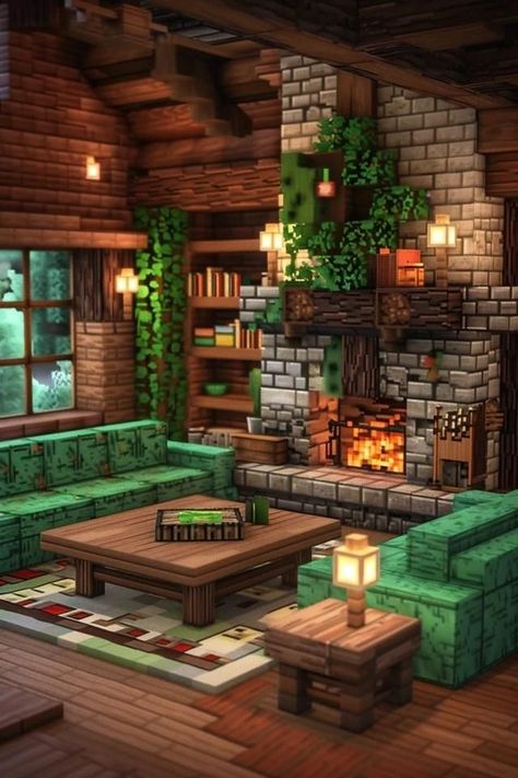 57 Sustainable Living Room Decor Ideas Lounge Minecraft Ideas, Minecraft Inspo Village, Minecraft Decorations Living Room, Mc Living Room Ideas, Room In Minecraft Ideas, Cabin Interior Minecraft, Cozy Minecraft Houses Interior, Minecraft Cozy House Ideas, Living Room Design Minecraft