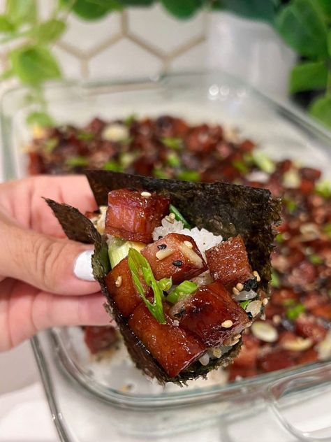 Spam Musubi Bake - FeedMi Spam Musubi In A Bowl, Spam Mitsubishi Bowl, Spam Japanese Recipes, Best Spam Musubi Recipe, Span Musubi, Spam Musubi Casserole, Musubi Sauce Recipes, Easy Spam Recipes Simple, Musubi Bowl Recipe