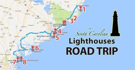 The Lighthouse Road Trip On The South Carolina Coast That’s Dreamily Beautiful Lighthouse Road Trip, South Carolina Lighthouses, East Coast Lighthouses, South Carolina Coast, Saint Helena Island, Hilton Head Island South Carolina, South Carolina Travel, The World Map, East Coast Road Trip