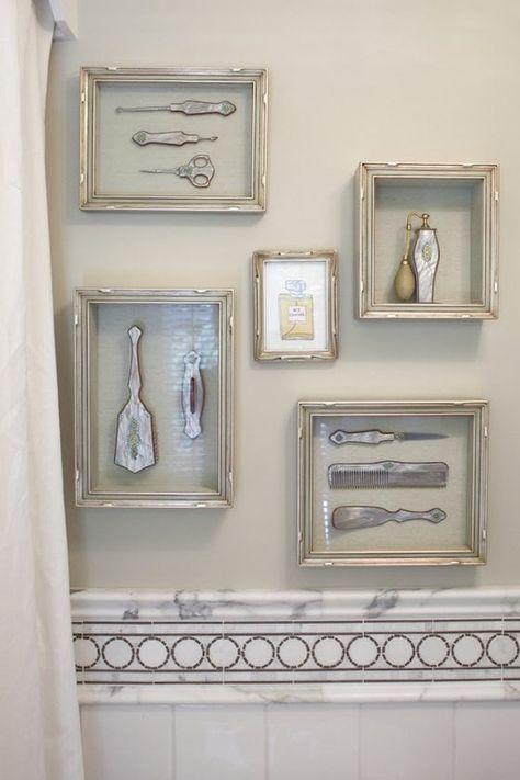 Framing Family Heirlooms – 1010 Park Place Framed Objects, Bathroom Vintage, Vanity Sets, Hair Salon Decor, Quotes Poster, Salon Suites, Vintage Bathrooms, Trendy Bathroom, Home Salon