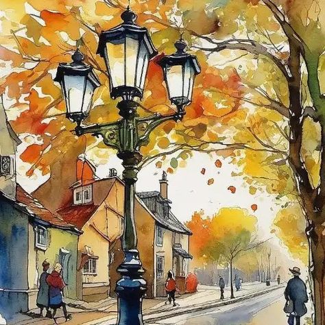 Loose Watercolor Paintings, Fall Drawings, Autumn Art Print, Watercolor Art Landscape, Watercolor City, Art Tutorials Watercolor, Watercolor Architecture, Watercolor Paintings For Beginners, Diy Watercolor Painting