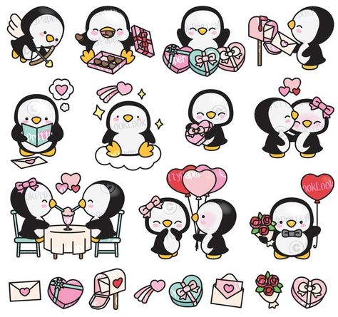 Premium Vector Clipart Kawaii Valentines Penguins | Etsy Tattoo Painting, Penguin Clipart, Penguin Images, Kawaii Valentine, Valentines Day Drawing, Penguin Drawing, Kawaii Penguin, Cute Valentines Day, Penguin Art