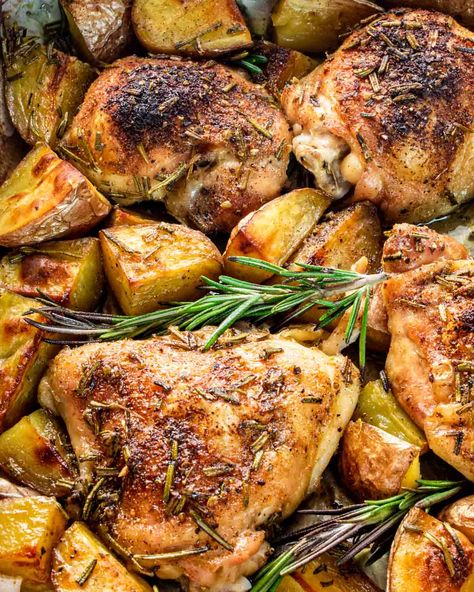 This healthy and delicious Sheet Pan Rosemary Chicken And Potatoes recipe is the easy one pan wonder you’ve been waiting for! #sheetpan #dinner #onepandinner #chickenandpotatoes #recipe Rosemary Chicken And Potatoes, Baked Bone In Chicken, Pan Chicken Breast, Rosemary Chicken Recipe, Chicken Thighs Dinner, Rosemary Roasted Chicken, Potato Breakfast Recipes, Chicken Potato Bake, Roasted Chicken And Potatoes