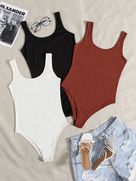 Birthday Plans, Tank Top Bodysuit, Comfy Jumpsuits, Ribbed Knit Bodysuit, Tank Bodysuit, Shein Outfits, Scoop Neck Tank Top, Knit Bodysuit, Ribbed Bodysuit