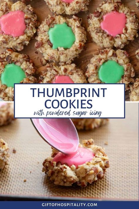 Thumbprint Cookies with icing are a festive Christmas treat! I love serving these for a Christmas dessert or adding them to a cookie gift box. Old Fashioned Thumbprint Cookies Recipe, Thumbprint Cookies With Pecans, Iced Thumbprint Cookies Recipe, Best Thumbprint Cookies With Icing, Holiday Thumbprint Cookies, Walnut Thumbprint Cookies, Old Fashioned Christmas Cookies Recipes, Finger Print Cookies, Thumb Print Cookies Recipes Christmas