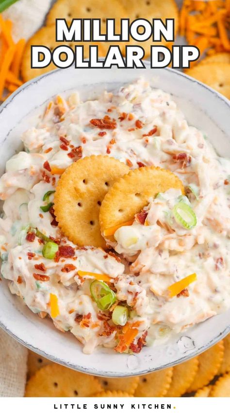 The Best Million Dollar Dip Recipe A classic appetizer that's easy to make ahead of time, Million Dollar Dip is a creamy and savory dip packed with bacon, cheese, and almonds. Million Dollar Dip Recipe, Dinner Ideas Sides, Million Dollar Dip, Food Recipes Appetizers, Yum Salad, Party Meals, Million Dollar Chicken, Little Sunny Kitchen, Party Side Dishes