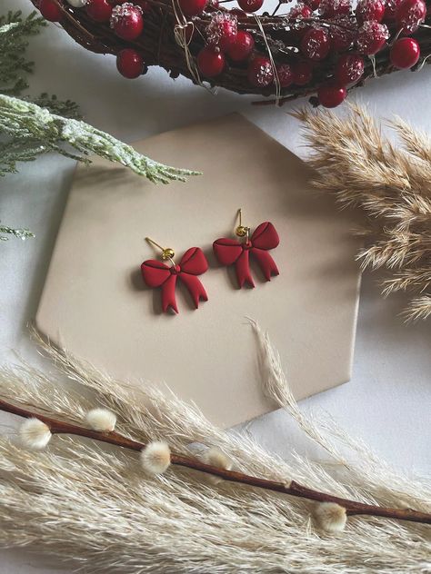 BOW DANGLE Handmade Valentines Polymer Clay Earrings Boho Jewellery Dangle Earrings Handmade Earrings Gifts for Women Minimalist - Etsy Diy Earrings Polymer Clay, Wooden Bangle, Handmade Clay Jewelry, Christmas Clay, Polymer Clay Christmas, Boho Jewellery, Clay Jewelry Diy, Handmade Valentine, Diy Clay Crafts