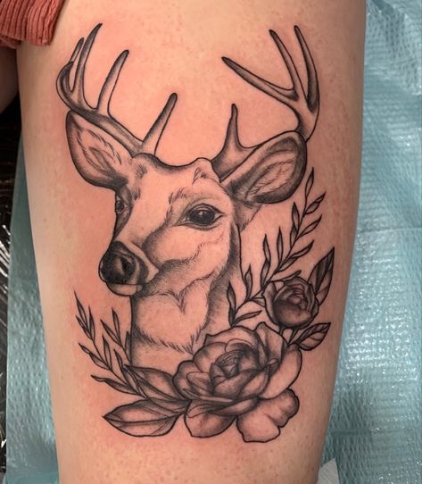 tattoo done by katie at get up tattoo society. deer. shading. roses. Get Up Tattoo, Pair Tattoos, Ankle Bracelets Diy, Deer Tattoo, Up Tattoo, Deer Skulls, Up Tattoos, Bracelets Diy, Piercing Tattoo