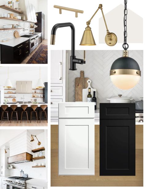 Black and Gold Kitchen Design Inspiration White Black And Gold Interior, White Black Gold Kitchen Ideas, Kitchen Black Gold And White, Kitchen With Black And Gold Hardware, Black White Bronze Kitchen, Black And Gold Kitchen Fixtures, Gold And Black Fixtures Kitchen, Kitchen With Black Faucet And Gold Hardware, Black Kitchen Mood Board