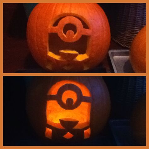 Minion pumpkin Minion Jack O Lantern Ideas, Minion Pumkins Carving, Pumpkin Carving Ideas Minion, Minion Pumpkin Carving Ideas, Pumpkin Carving Minion, Minion Pumpkins, Minion Pumpkin Carving, Holiday Paintings, Minion Pumpkin