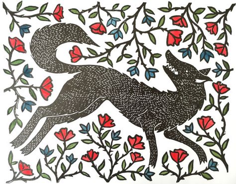 Folk Art Wolf, Wolf Folk Art, Lino Techniques, Wolf Linocut, Monoprint Ideas, Coyote Tattoo, Woodcut Illustration, Wolf Illustration, Animal Illustration Art