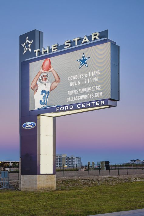 The Star is a 91-acre premier sports and entertainment district in Frisco, Texas that is also home to the world famous Dallas Cowboys.The Star features a hotel, shopping and entertainment venues, offices, a sports medicine center, two outdoor practice fields, and a 12,000-seat indoor stadium. We designed a memorable exterior wayfinding and signage design including scale pylons and video board digital integration, enhancing an exciting environment worthy of “America’s Football Team.” Monument Ideas, Rsm Design, Cowboys Stadium, Streetscape Design, Pylon Sign, Experiential Design, Wayfinding Design, Exterior Signage, Environmental Graphic Design