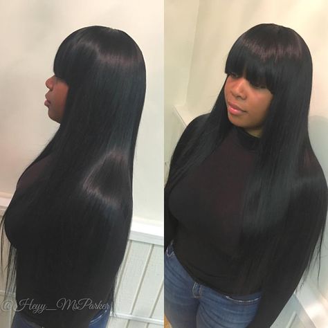 Winter bangs 💫❄️ Full Sewin no leave out (hair provided by me 20 22 24 custom colored jet black) #njstylist #njhairstylist #customcolor #apptsavailable #booknow #sewin #bangs #silkpress #weave #jetblack #nychair #njhair #njsalon Winter Bangs, Long Weave Hairstyles, Full Sew In, Hype Hair, Sew In Hairstyles, Frontal Hairstyles, Hair Guide, Hair Laid, Long Hair With Bangs