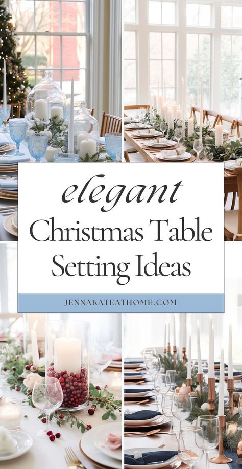 Create a beautiful Christmas table setting with these ideas that are both elegant and simple. This Christmas tablescapes inspiration brings easy, stylish Christmas dinner table looks to life, complete with festive centerpieces for added charm. Perfect for gathering new Christmas table settings ideas! Easy Christmas Table Settings Ideas, Christmas Dinner Table Settings Simple, Christmas Table Decorations Centerpiece Elegant, Modern Christmas Table Settings, Christmas Dinner Tablescapes, White Christmas Tablescapes, Modern Christmas Tablescape, Elegant Christmas Table Settings, Christmas Dinner Centerpieces