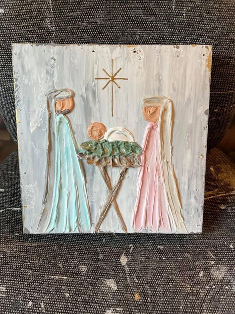 Diy Spackle Art Christmas, Texture Christmas Art, Christmas Plaster Art, Plaster Art Canvas Texture, Spackle Art, Diy Christmas Canvas, Nativity Art, Angel Paintings, Nativity Painting