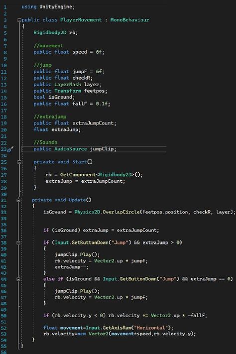 Player movement for your 2d games with extra jump, fall speed, jump clip | Unity | C# Game Mechanics Design, Game Design Document, Unity Game Development, Unity Tutorials, Coding Games, Web Development Programming, Game Programming, Indie Game Dev, Learn Computer Coding