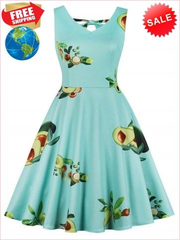 Skater Dresses Casual, Avocado Print, Blue Skater Dress, Midi Skater Dress, Robes Vintage, Fur Coat Vintage, Circle Dress, Casual Party Dresses, Vintage Prom