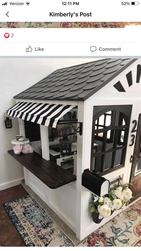 Playhouse Turned Doghouse, Inside Of Playhouse Ideas, Backyard Discovery Playhouse Makeover, Indoor Playhouse Ideas, Haunted Playhouse, Playhouse Remodel, Playhouse Interior, Kid Friendly Backyard, Playhouse Makeover