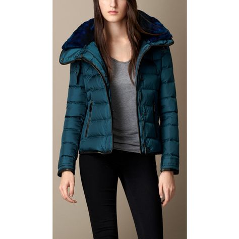 Burberry Brit Down-filled Puffer Jacket With Shearling Topcollar featuring polyvore, fashion, clothing, outerwear, jackets, teal blue, down filled jacket, puffy jacket, down filled puffer jacket, blue jackets and puffer jacket Teal Puffer Jacket Outfit, Blue Cropped Winter Jacket, Sporty Blue Winter Puffer Jacket, Winter Blue Puffer Hooded Jacket, Luxury Blue Puffer Jacket, Puffer Jacket Outfit, Burberry Brit, Puffy Jacket, Blue Jacket