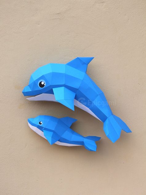 Origami Dolphin, Low Poly Papercraft, Baby Dolphin, 3d Templates, Baby Dolphins, Origami Decoration, Instruções Origami, Origami 3d, Papercraft Templates